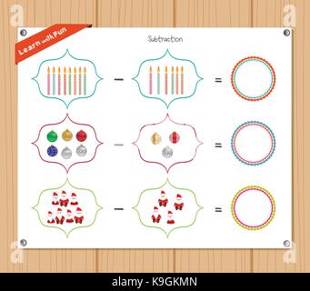Subtraktion Anzahl - Arbeitsblatt für Bildung Stock Vektor