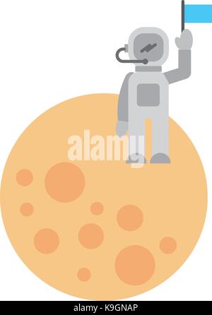 Astronauten auf dem Mond mit Fahne Space Mission Vector Illustration Stock Vektor