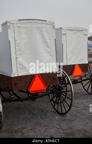 Weiß Nebraska Amish Buggies bei der wöchentlichen Auktion in Belleville, Big Valley, Pennsylvania. Die Nebraska Amish gehören zu den strengsten der Amish Sekten. Stockfoto