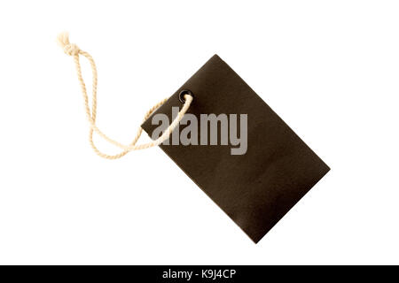 Leere Schwarze pappe Preis Tag oder Etikett mit Gewinde isoliert Stockfoto