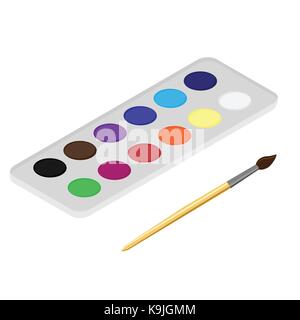 Isometrische Vector Illustration Satz von Wasserfarben und Pinsel für Malerei. Stock Vektor