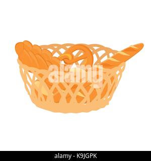 Vector Illustration Weidenkorb voll mit Bäckerei. Brot und Brötchen Stock Vektor