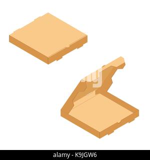 Vector Illustration isometrische 3d geöffnet und geschlossen Braun pizza box auf weißem Hintergrund. Stock Vektor