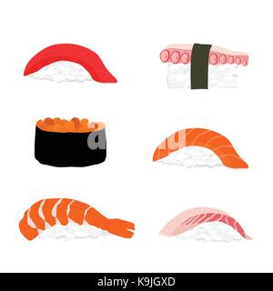 Vector Illustration, Sammlung, maguro ebi Sushi, Sake, Tai, Tako und tobiko Nigiri isoliert auf Weiss. Traditionelle japanische Küche. Stock Vektor