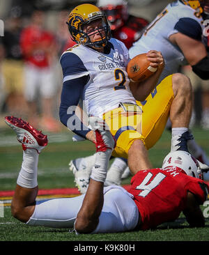 Louisville, Kentucky, USA. 23 Sep, 2017. Louisville Kardinäle sicherheit TreSean Smith (4) Säcke Kent State Golden Blinkt quarterback George Bollas (2) während des Spiels in Louisville, Kentucky, Samstag, 23. September 2017. Credit: Bryan Woolston/ZUMA Draht/Alamy leben Nachrichten Stockfoto