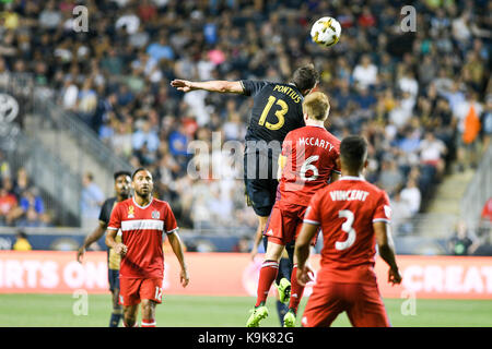 Chester, Pennsylvania, USA. 23 Sep, 2017. Der Philadelphia Union CHRIS PONTIUS (13), die in Aktion im Spiel gegen die Chicago Feuer an Talen Energie Stadion in Chester, Pennsylvania Credit: Ricky Fitchett/ZUMA Draht/Alamy leben Nachrichten Stockfoto