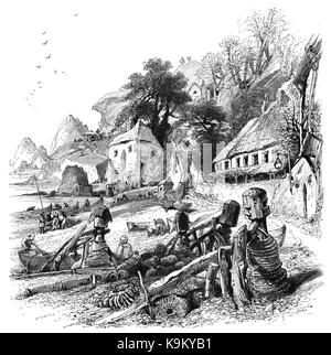 1870: Vor der traditionellen strohgedeckten Cottages, Schiffer vorbereiten, ihre Boote auf den Strand gesetzt auf Babbicombe Bay, jetzt als Babbacombe Bay, Devon, England bekannt Stockfoto