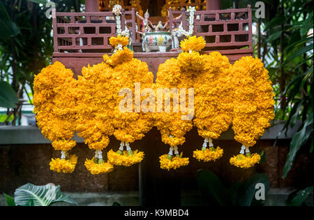 Blumenangebot im Tempel des Jim Thompson House und Museum, Bangkok, Thailand Stockfoto