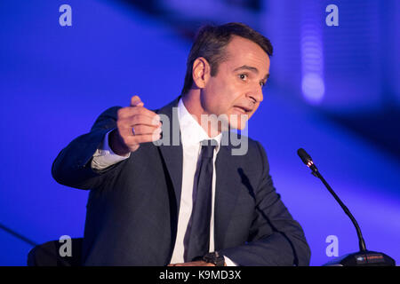 Thessaloniki, Griechenland - 17. September 2017. Kyriakos Mitsotakis Präsident der Partei Neue Demokratie während einer Pressekonferenz in der Griechischen Stadt Thessalo Stockfoto