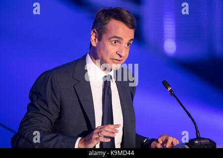 Thessaloniki, Griechenland - 17. September 2017. Kyriakos Mitsotakis Präsident der Partei Neue Demokratie während einer Pressekonferenz in der Griechischen Stadt Thessalo Stockfoto