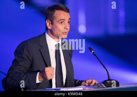 Thessaloniki, Griechenland - 17. September 2017. Kyriakos Mitsotakis Präsident der Partei Neue Demokratie während einer Pressekonferenz in der Griechischen Stadt Thessalo Stockfoto