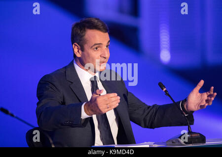 Thessaloniki, Griechenland - 17. September 2017. Kyriakos Mitsotakis Präsident der Partei Neue Demokratie während einer Pressekonferenz in der Griechischen Stadt Thessalo Stockfoto