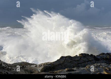 Schwillt ein Jahrzehnt Krachen gegen die Klippen von Shore Acres State Park, Coos Bay Oregon Stockfoto