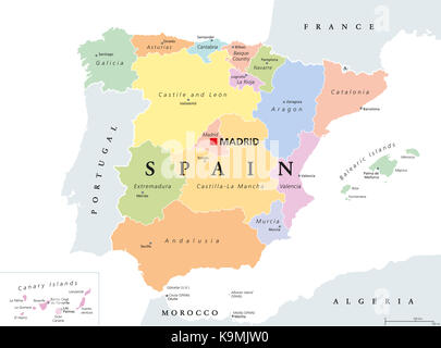 Die autonomen Gemeinschaften Spaniens politische Karte. Administrative Bereiche des Königreichs Spanien mit ihren Hauptstädten. Kommunen und Provinzen. Stockfoto