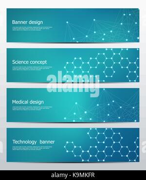 Technologische und wissenschaftliche Banner mit Struktur von molekularen Teilchen und Atom. Polygonale abstrakt Hintergrund. Vector Illustration. Stock Vektor