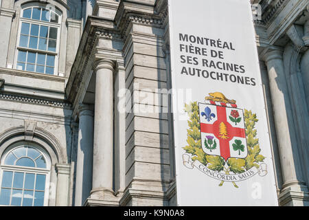 Neue montreal Wappen enthält nun ein neues Symbol (white pine) ersten Nationen zu repräsentieren, der auf der Flagge (2017) Stockfoto