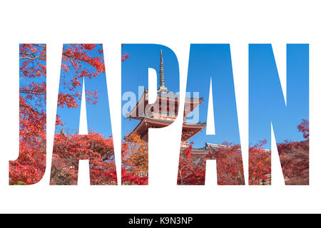 Wort JAPAN über den roten Pagode der mit Herbst Ahorn Blätter in Stadt Kyoto, Japan Stockfoto