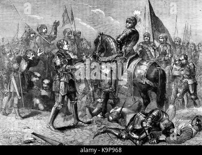 Die Schlacht am Bosworth Field, die am 22. August 1485 ausgetragen wurde, war ein entscheidender Konflikt in der englischen Geschichte, der das Ende der Rosenkriege und den Beginn der Tudor-Dynastie mit dem Sieg Heinrichs VII. Markierte. Stockfoto