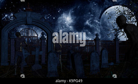Zombies in gruseligen Friedhof in der Blauen Nacht - 3D-Rendering Stockfoto