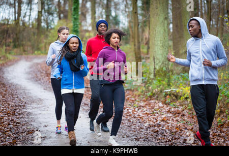 Fitness Trainer Führung Gruppe von vier entschlossene junge Leute du Stockfoto