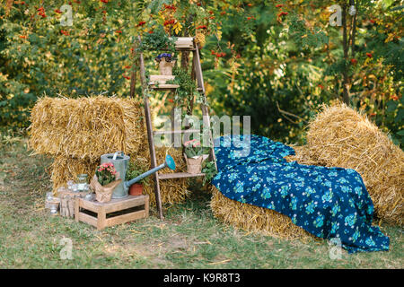 Ländlichen Lebensstil, Herbst, outdoor Konzept. durch Quadrate von Heu umgeben Es gibt Gartenarbeit Material wie Ausgezeichnet große Gießkanne, Holzleiter, schöne Blumen in Töpfe und Kerzen in kleinen Gläsern Stockfoto