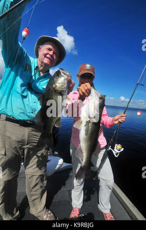 Zwei angler Land ein 'Double' auf largemouth Bass auf der Florida St. Johns River. Stockfoto