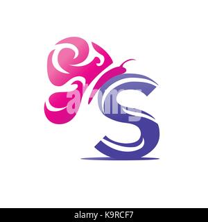 Elegante Schmetterling mit dem Buchstaben S Abbildung, Icon Design, auf weißem Hintergrund. Stock Vektor