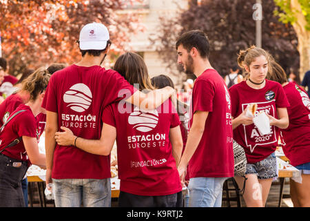 Badajoz, Spanien - 23. September 2017: Freiwillige in symbolischen Referendum teilnehmenden zu behaupten Bahn Verbesserungen in der Extremadura Stockfoto