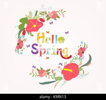 Schriftzug Hallo Frühling mit Blume element Stock Vektor