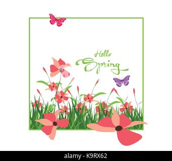 Inschrift Frühling auf Hintergrund mit Frühling Blumen und Schmetterlingen Stock Vektor