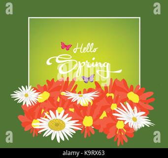 Inschrift Frühling auf Hintergrund mit Frühling Blumen und Schmetterlingen Stock Vektor