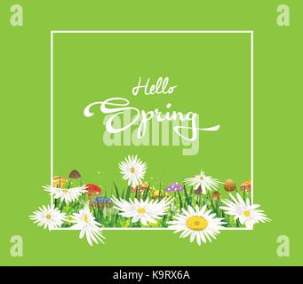 Inschrift Frühling auf Hintergrund mit Frühling Blumen Stock Vektor