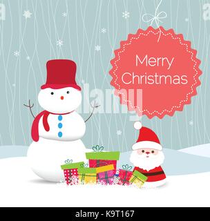 Weihnachtskarte mit Weihnachtsmann, Schneemann und Geschenk Stock Vektor