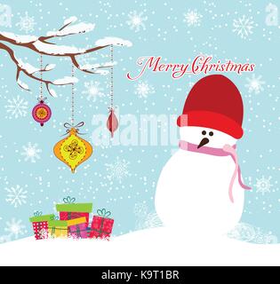 Weihnachtskarte mit Schneemann und Geschenk Stock Vektor
