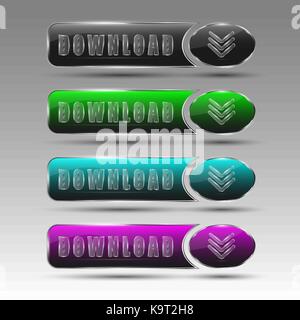 Einstellen von verschiedenen farbigen Schaltflächen zum Herunterladen mit Pfeilen. Vector Illustration. Stock Vektor