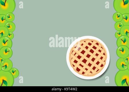 Apfelkuchen auf die weiße Platte. Die Kanten des Vektors sind mit grünen Äpfeln gefüttert. Stock Vektor