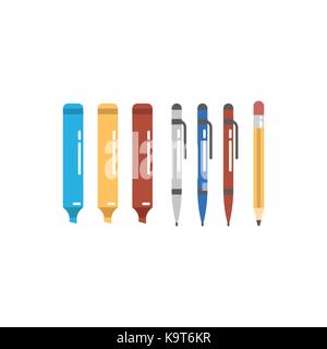 Llustration von Filzstifte, Kugelschreiber und Bleistifte Symbole gesetzt. Büro für Arbeit, Bildung und Kunst. Stock Vektor