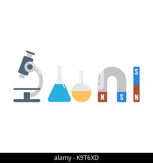 Abbildung: Chemie und Physik Laborgeräte Symbole für Forschung und Bildung gesetzt. Stock Vektor