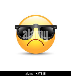 Wütend emoji Gesicht mit Sonnenbrille. Süße traurige Emoticon mit schwarzen Sonnenbrillen Stock Vektor