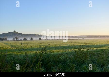 Sonnenaufgang über dem Glastonbury Mauren in Somerset UK mit low level Mist auf den Feldern und um die Bäume mit Tor Hill im Hintergrund. Stockfoto