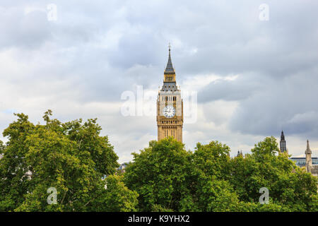 Die Oberseite des Big Ben, das britische Parlament Elizabeth Tower über die Bäume in Parliament Square, London England Großbritannien Stockfoto