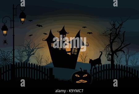 Halloween Hintergrund mit Haunted House, Fledermäuse und Kürbis, Vektor, Abbildung Stock Vektor