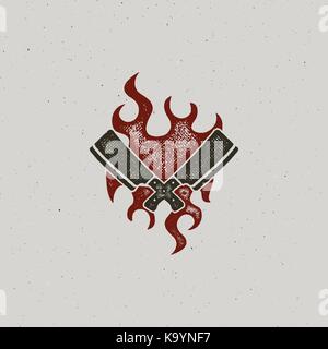 Hand Fleisch Cleaver Messer und Symbole gezeichnet. Vintage steak house Symbol. Letterpress effect mit Feuer Flamme. Gut für die T-Shirt drucken. Vektor Design isol Stock Vektor