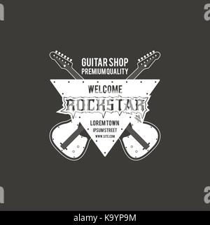 Rock Star Guitar Shop vector Label, Abzeichen, Emblem logo mit Musikinstrument. Vektor Illustration auf dunklem Hintergrund isoliert Stock Vektor