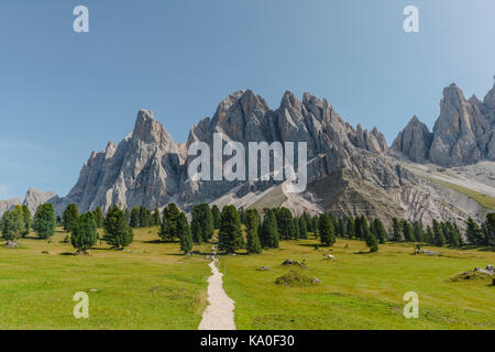 Wanderweg bei der Gschnagenhardt Alm, Villnößtal unterhalb der Geisler-Gipfel, hinter der Geisler-Gruppe, Sass Rigais Stockfoto