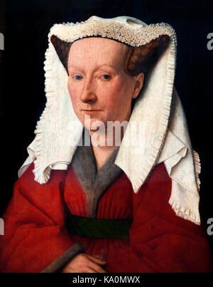 Portrait von Margareta van Eyck, Jan van Eyck (1390-1441), Öl auf Leinwand, 1439. Van Eyck war einer der ersten niederländischen Künstler und sein Werk ist als flämische Primitive eingestuft. Stockfoto