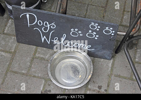 Schüssel mit Wasser und Hunde Willkommen Schild shop Stockfoto