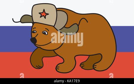 Cartoon tragen Tragen eines russischen Hut Ohrenschützern, russische Flagge auf Hintergrund, Vektor Stock Vektor