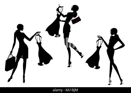 Silhouette Set ziemlich Shopping Mädchen, schwarz auf weißem Hintergrund, Vector Illustration Stock Vektor