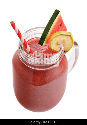 Frisch smoothies von Scheiben Wassermelone und Banane in einem Glas auf weißem Hintergrund Stockfoto